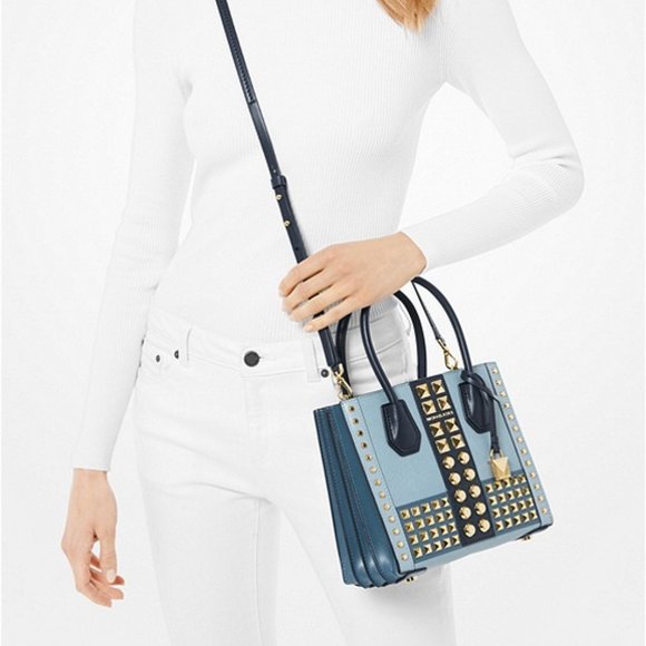 NEW Michael Kors Studded Tote Blue Leather Satchel - Picture 3 of 7